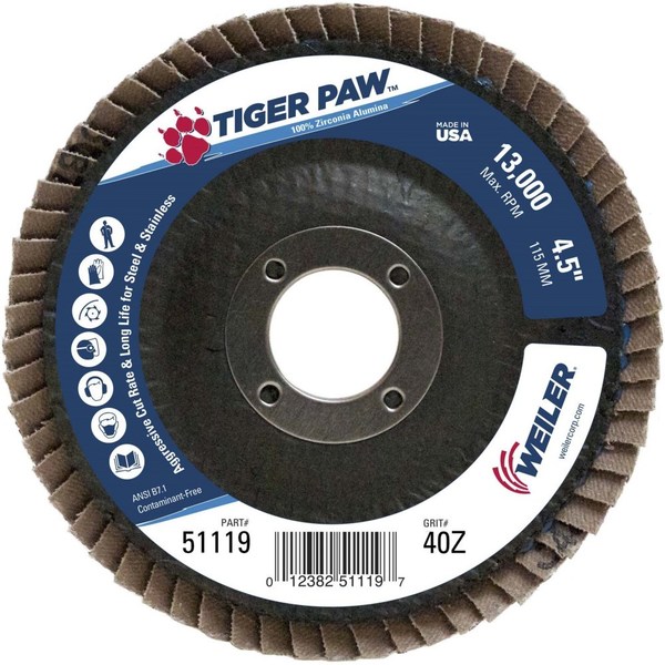 Weiler 4-1/2" Tiger Paw Abrasive Flap Disc, Angled (TY29), 40Z, 7/8" 51119